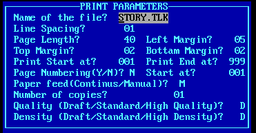 DOSBox Screen: Thoolika Print Parameters Screen Display